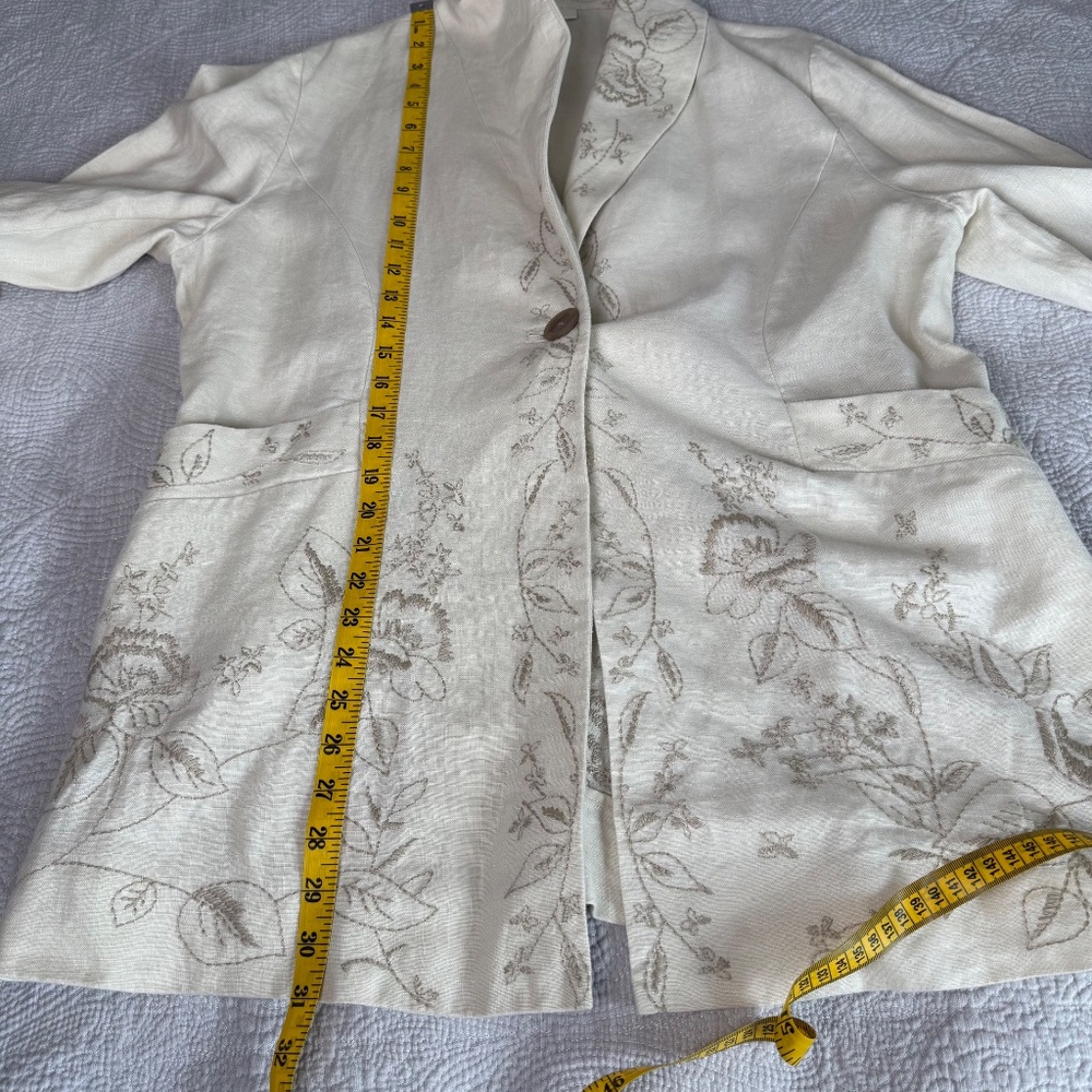 J Jill 100% Linen Blazer Womens Large Cream Beige Jacket Floral Embroidery - Picture 9 of 9
